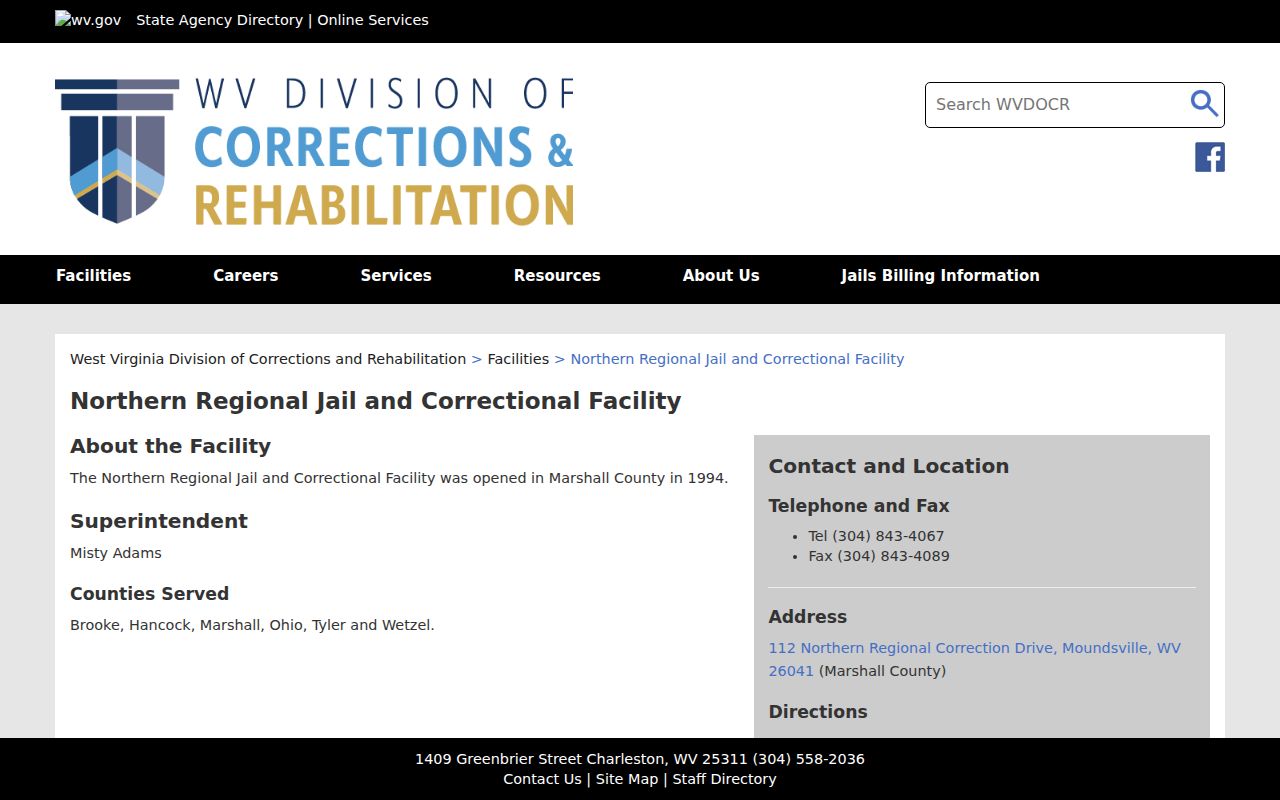 Northern Regional Jail serving Wetzel County arrest records