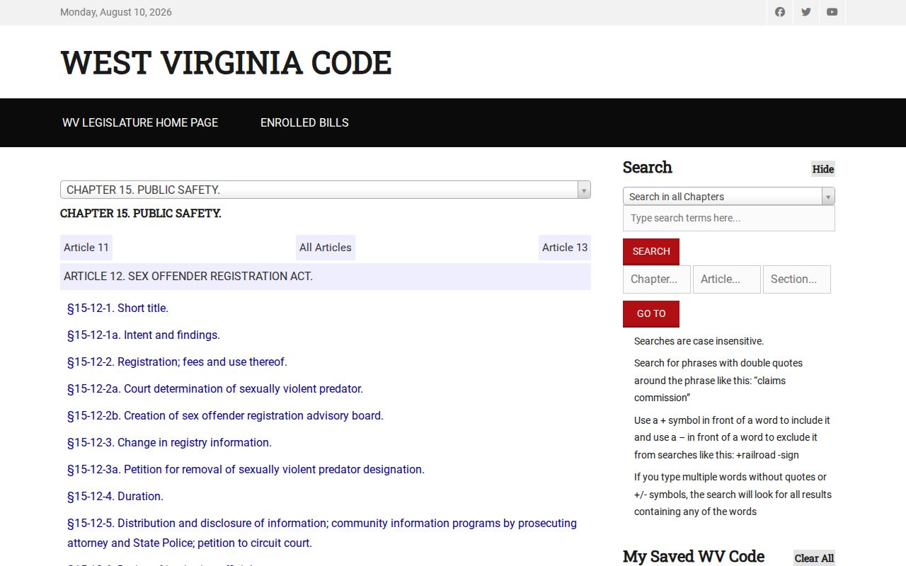 Wetzel County sex offender check and West Virginia registration law
