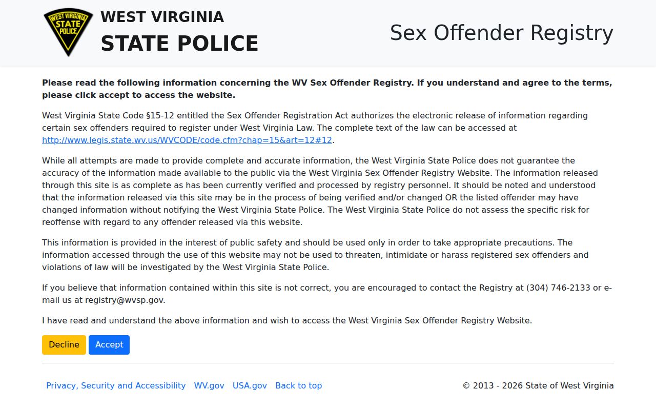 Wetzel County sex offender registry disclaimer and accuracy notice